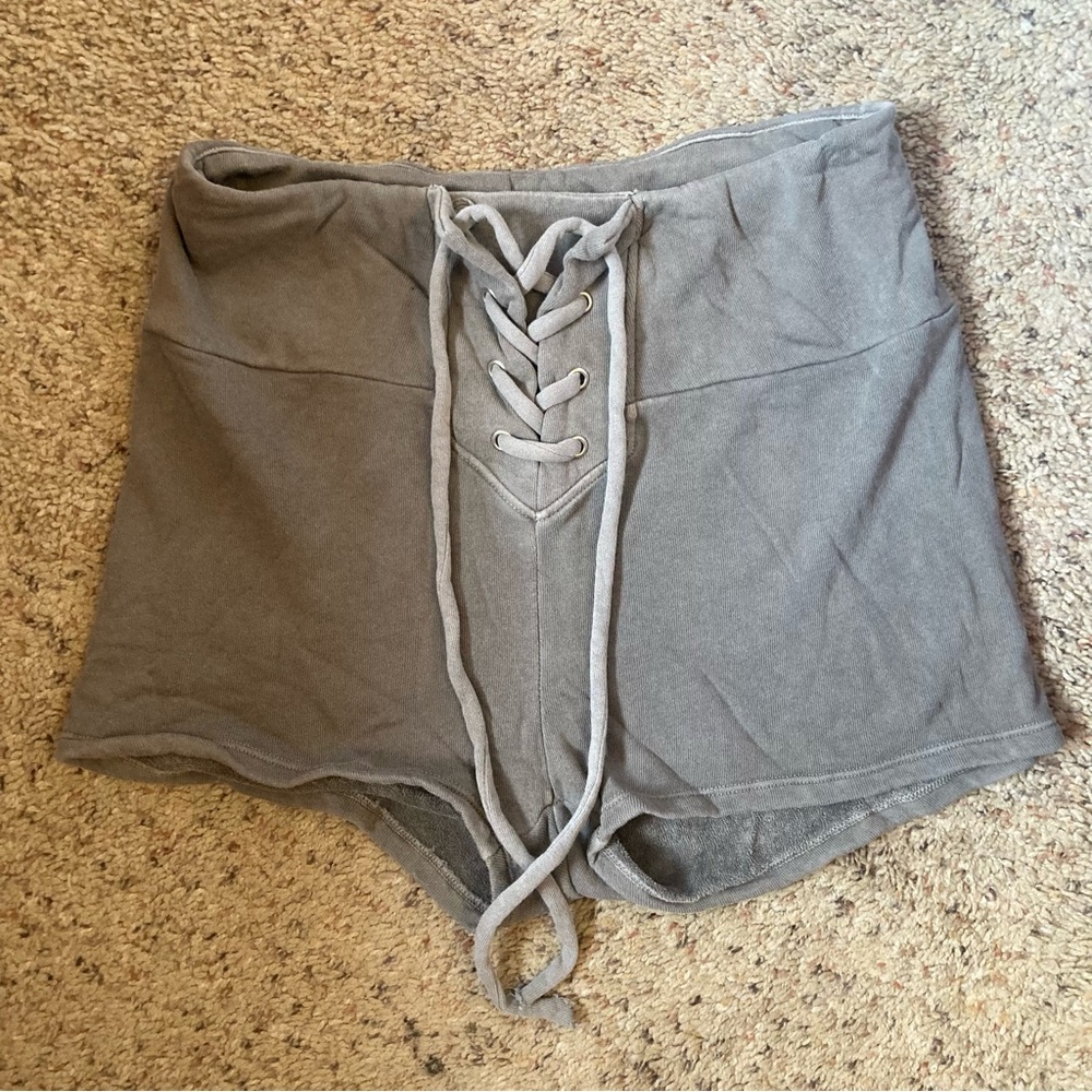 Wildfox lace up grey-green terry mini shorts high waist summer beach stretchy